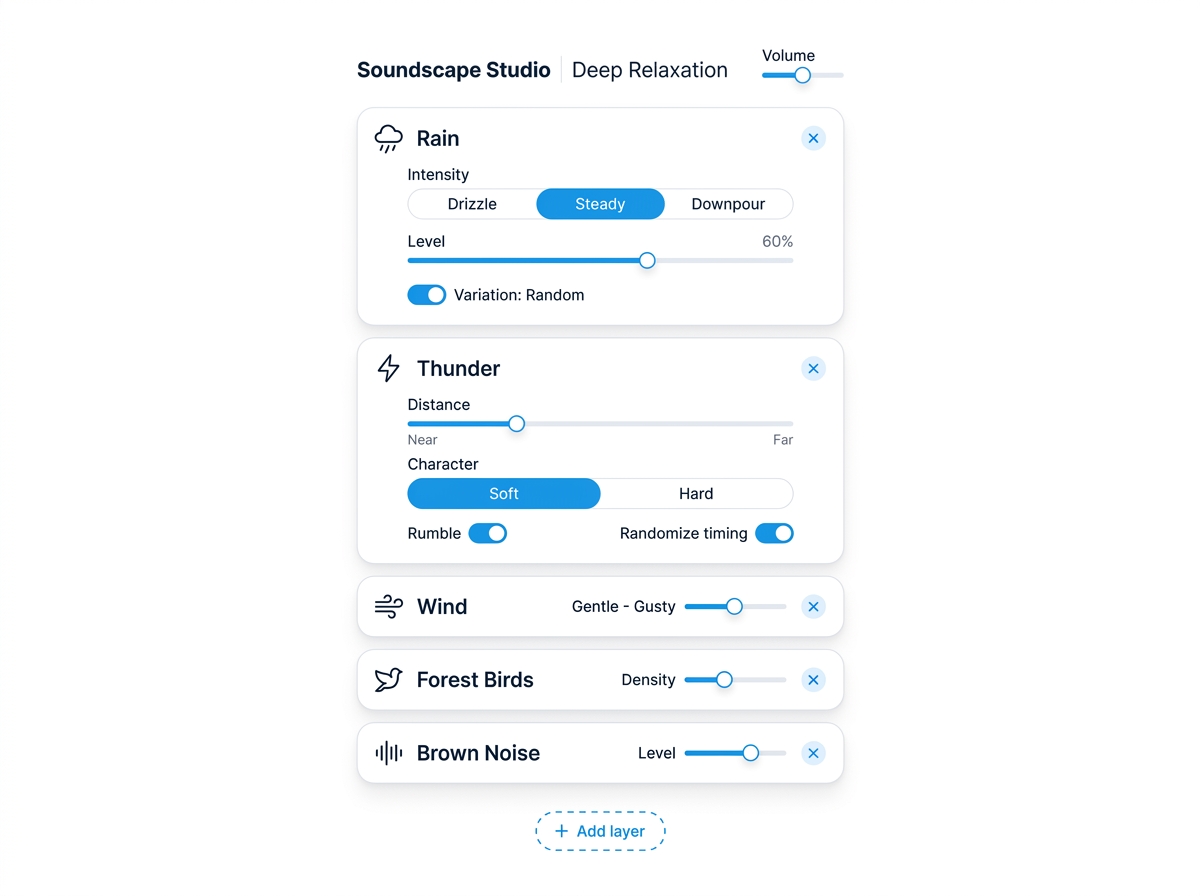 SoundMasker Soundscape Studio interface — configurable sound layers such as Rain (drizzle, steady, downpour), Thunder (distance, soft or hard, randomize timing), Wind, Forest Birds and Brown Noise, each fine-tuned individually, with an add-layer button