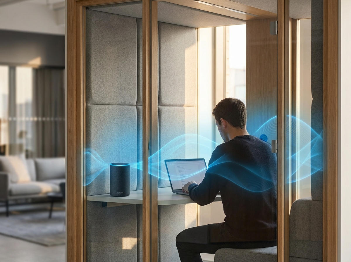 Person concentrating in a quiet focus pod with an Amazon Echo speaker creating a cocoon of smooth blue sound