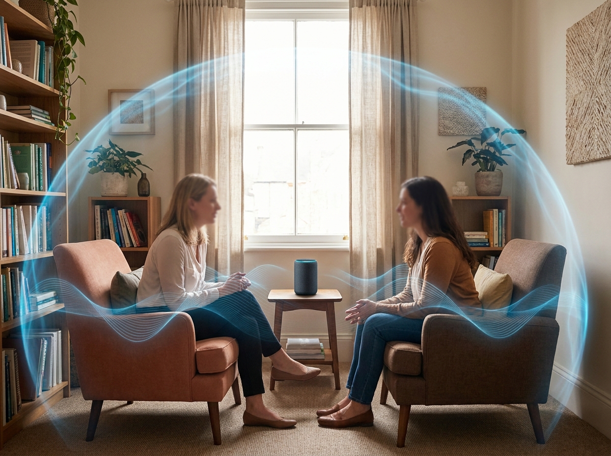 Amazon Echo speaker running SoundMasker in a therapy room, a soft blue sound-masking bubble keeping a private conversation inside the room