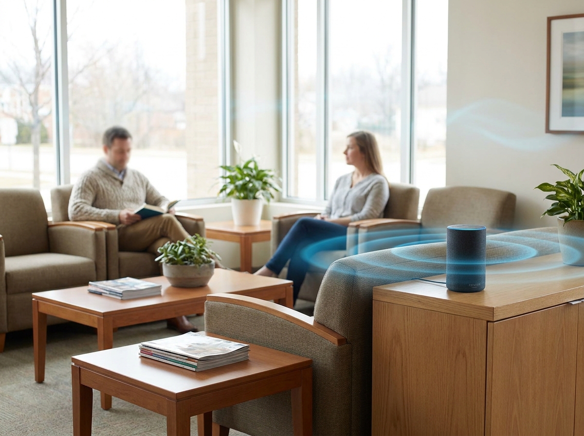 Calm clinic waiting room with an Amazon Echo speaker radiating soothing blue ambient sound waves